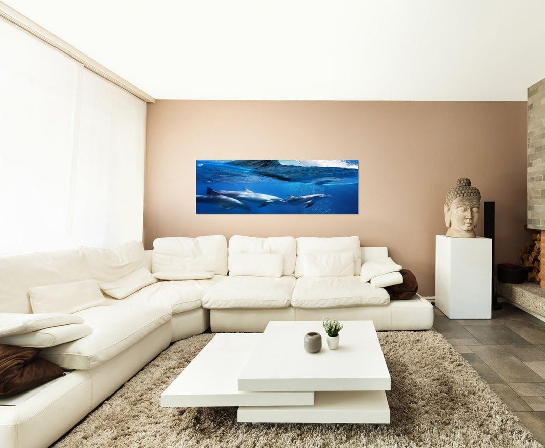 Paul Sinus Art Panoramabild auf Leinwand und Keilrahmen 150x50cm Ozean Welle Delfine Unterwasser