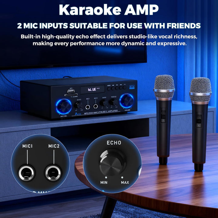 HiFi-Verstärker, Mini Bluetooth Stereo Audio Verstärker Receiver 12V/ 220V 800W 2 Kanäle Endverstärk