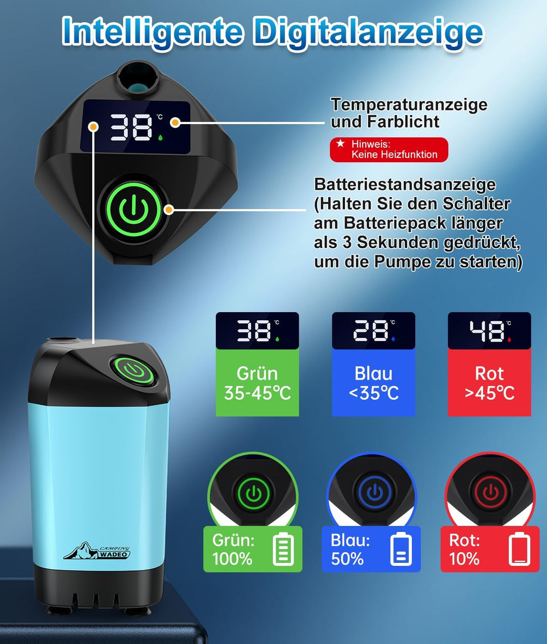 WADEO Tragbare Campingdusche Akku mit Pumpe, Camping Dusche Outdoor mit wiederaufladbarem 4500-mAh-A