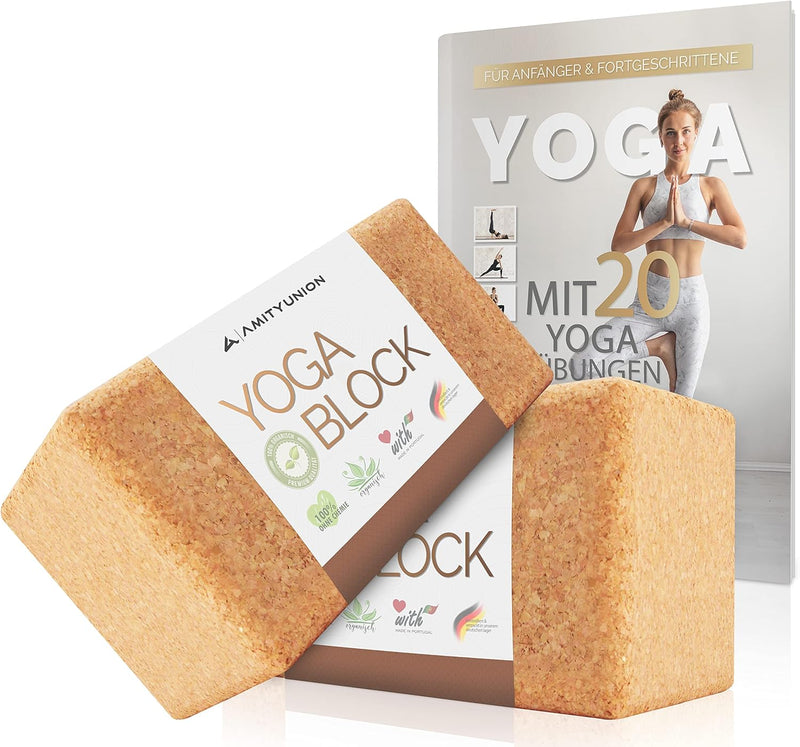 Yoga Block 2er SET Kork 100% Natur - Hatha Klotz auch für Anfänger Meditiation & Pilates, Fitness Zu