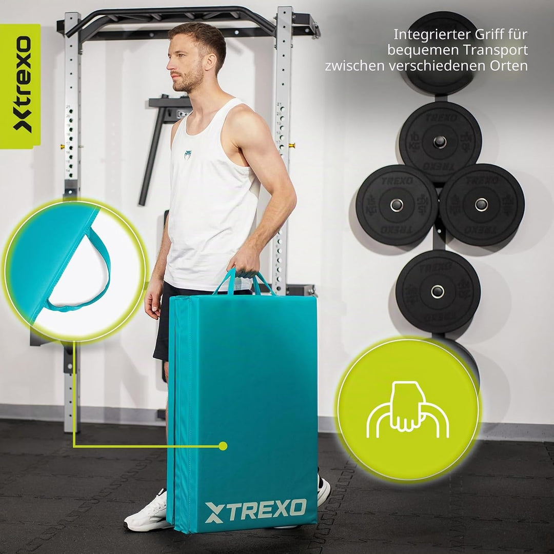 XTREXO Klappbare Gymnastikmatte – Turnmatte 4-teilig – Kunstleder &amp; EPE-Schaumstoff – Faltbar mit Tr