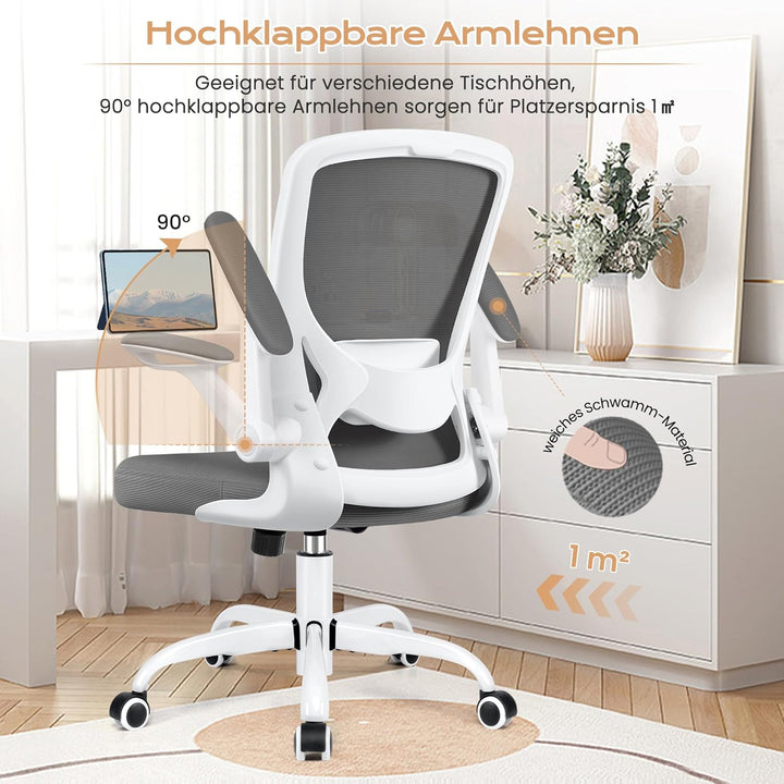 KERDOM Bürostuhl, Ergonomischer Schreibtischstuhl mit Klappbaren Armlehnen, 360° Drehstuhl Mesh Comp
