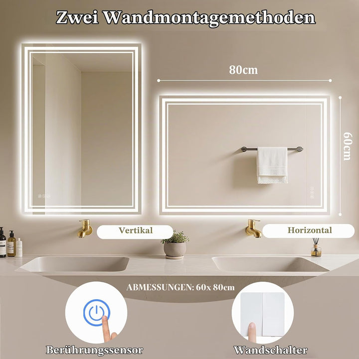 Badspiegel-mit-Beleuchtung 80x60 - LED Badezimmerspiegel mit Bluetooth - Badezimmer Spiegel mit Bele