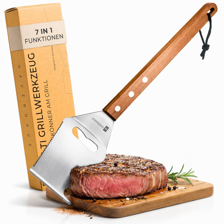 Multi Tool Grillspachtel | 8 in 1 Grillwerkzeug | Der Alleskönner auf dem Grill mit elegantem Akazie
