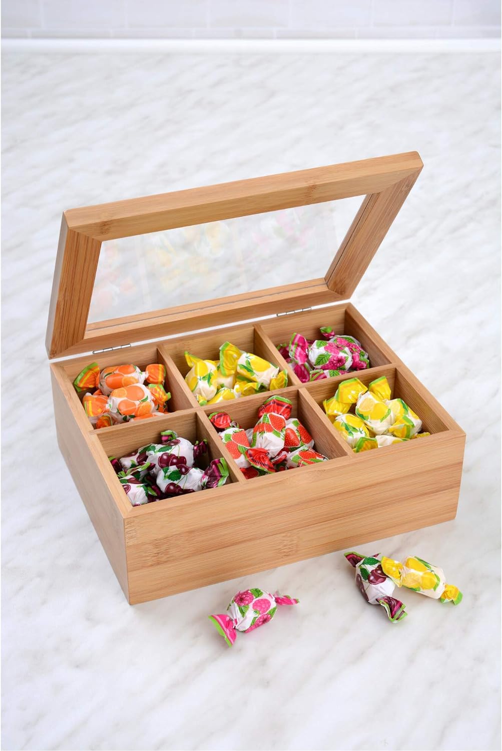 GRÄWE Aufbewahrungsbox aus Bambus mit 6 Fächern, klappbarer Deckel, Sichtfenster, Box zur Aufbewahru