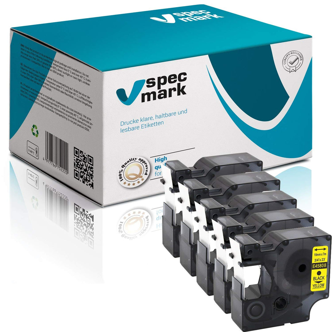 specmark Kompatibel für DYMO D1 45808 S0720880 Schriftband 19mm x 7 m Satz x 5 St. Schwarz auf Gelb