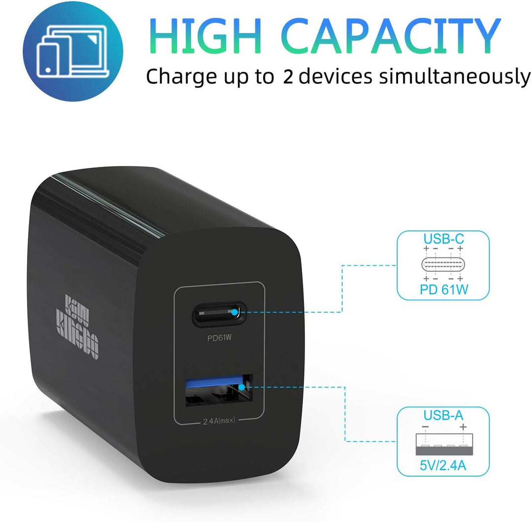 Kompaktes 61W GaN Tech USB-C-Wandladegerät, Doppel-Port mit USB-A und USB-C, USB-C Laptops, Galaxy,