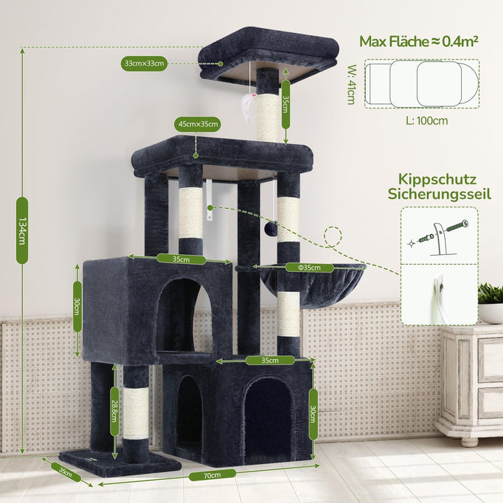Globlazer Kratzbaum mit 2 Katzenhaus, Grosse Gepolsterte Plattform, Sitzstangen, Katzenkorb, Stable