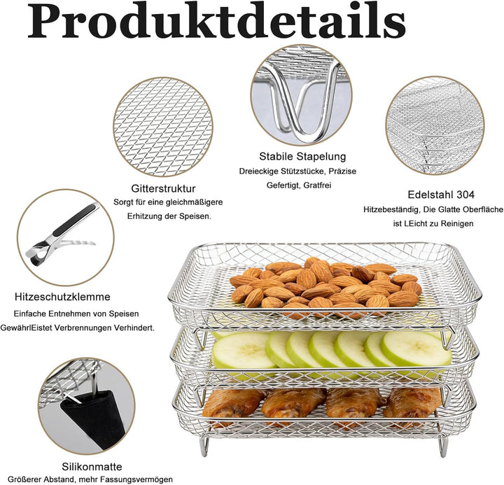 Airfryer Heissluftfritteuse Stapelbare Körbe, Edelstahl Air Fryer Korb Tray, Quadratisch Edelstahl G