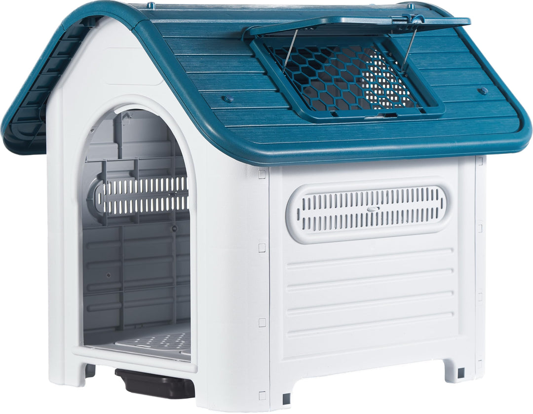 Lanco – Hundehütte für mittelgrosse Hunde mit verstellbarem Schiebedach und Toilette. Innen- und Aus