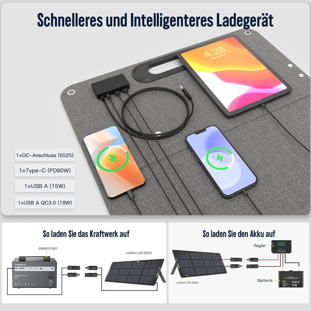 JustNow 60W Faltbares Solarpanel, Solarmodul mit 3 Ausgängen DC/USB/QC3.0,10 verschiedenen Grössen v