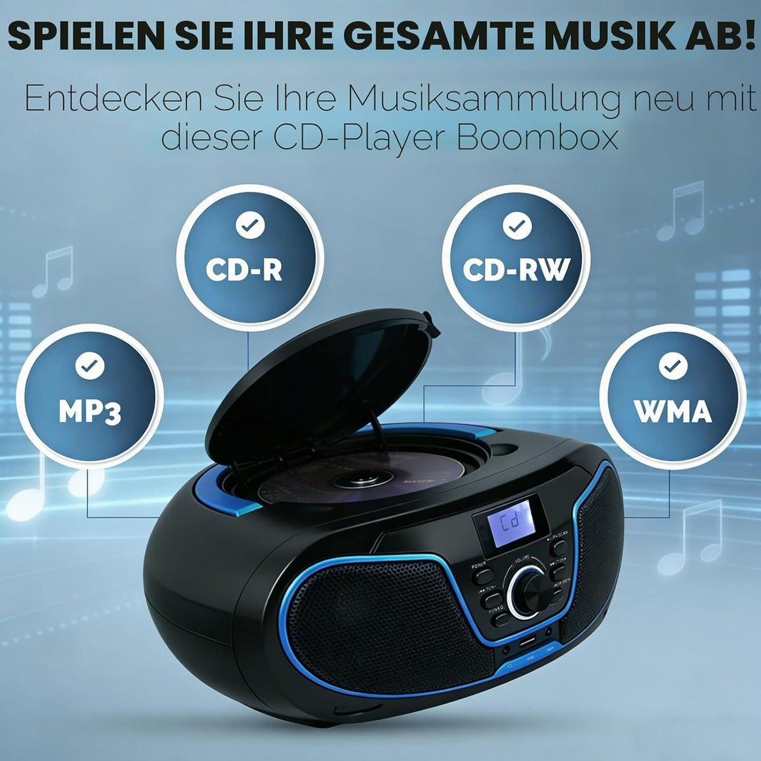 Tragbar CD Player Boombox Bluetooth - mit UKW Radio, USB Eingang & AUX & Kopfhörern Ports, 2 x 2 Wat