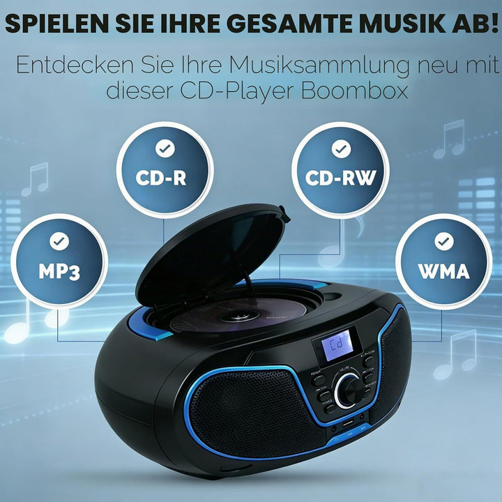 Tragbar CD Player Boombox Bluetooth - mit UKW Radio, USB Eingang & AUX & Kopfhörern Ports, 2 x 2 Wat