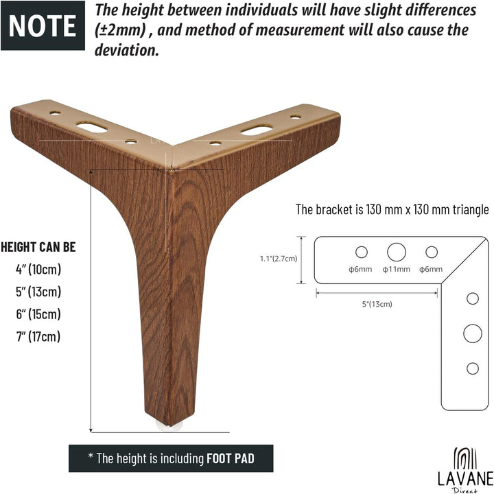 La Vane 4er Set Metall Möbelfüsse (17cm Höhe) Walnuss - Diamant-Dreieck Design für Schrank, Sofa, Co