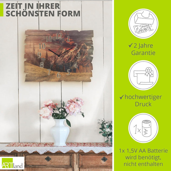 ARTLAND Wanddeko Wanduhr ohne Tickgeräusche aus Holz Quarz Uhr lautlos 40x30 cm Rechteckig Alpen Lan