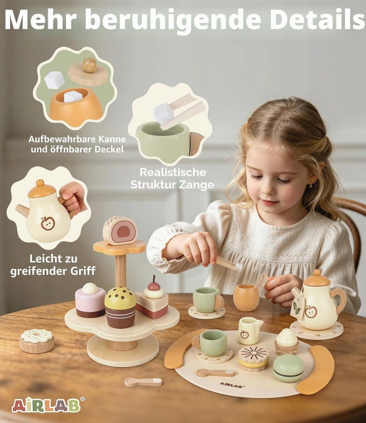 Airlab Spielküche Kinderküche Zubehör Holz 2 in 1, Teeservice Kinder mit Zuckerwürfeln und Dessert,