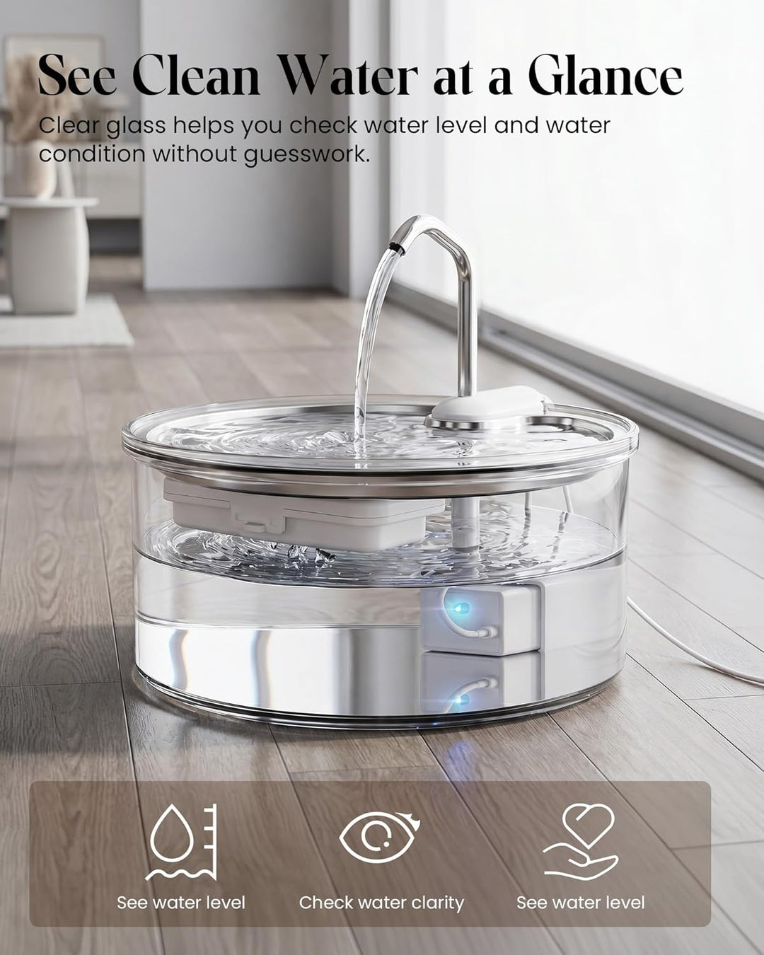 Tomxcute Trinkbrunnen für Katze - 108oz/3,2 L Katzenbrunnen aus Glas mit Wasserhahn-Design, Ultra le