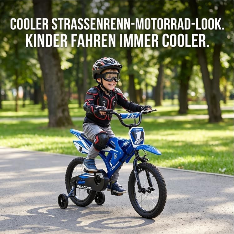 LSLIFE Motorrad-Stil Kinderfahrrad, 16/18 Zoll Fahrrad mit abnehmbaren Stützrädern, Stabil Sicher Ei