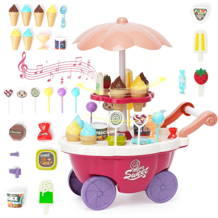 Eiscreme-Spielzeug 36 Stück Kinder Eiscreme Eisverkauf Spielset-Set Süssigkeitenwagen mit Süssigkeit