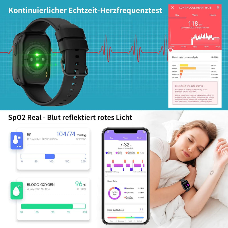 Bebinca Smartwatch telefonfunktion und Whatsapp 1,75" HD super grosser Bildschirm,Menü Float,28 Spri