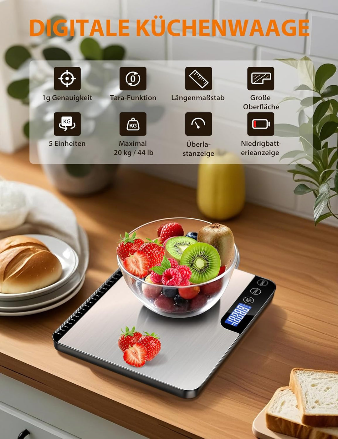 Küchenwaage Digital 20KG,Grosser Wiegefläche Digitalwaage mit Lineal,Professionelle Electronische Wa
