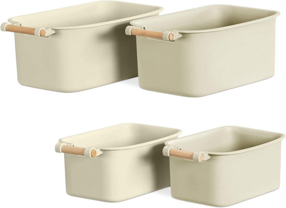 Navaris 4X Aufbewahrungsbox Aufbewahrungskiste mit Holzgriff - Box Organizer zur Aufbewahrung aus Ku