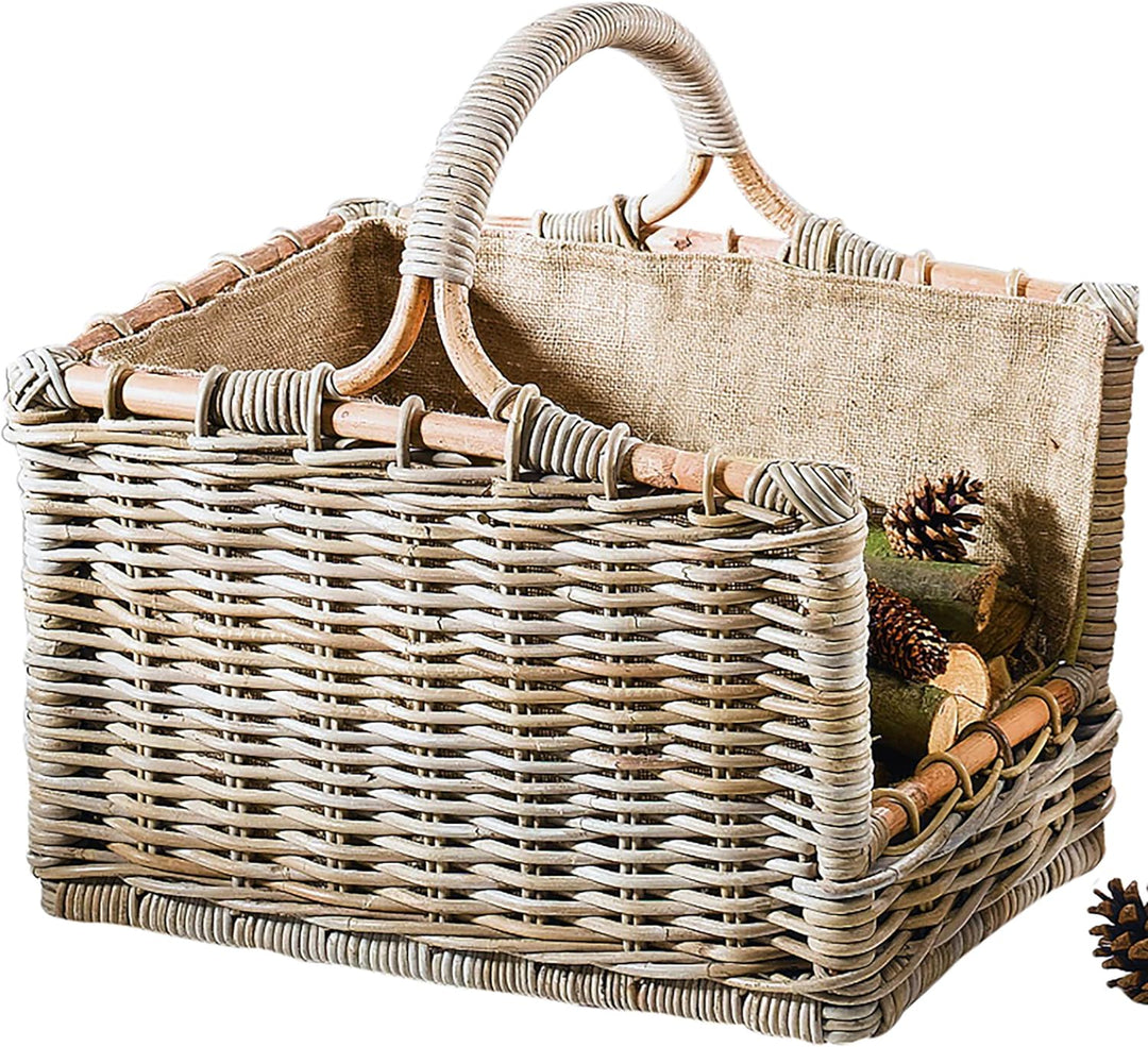 Kobolo Kaminholzkorb Holztrage Rattan grau mit abnehmbarem