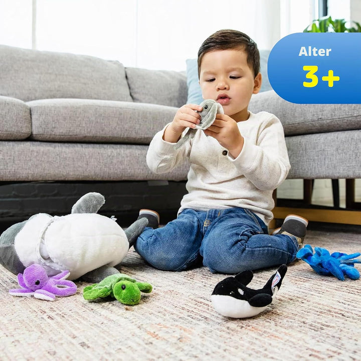 Prextex 38 cm grosser Plüsch-Hai plus 5 weiche Plüsch-Meerestiere, Kuscheltiere Stofftiere wie Oktop