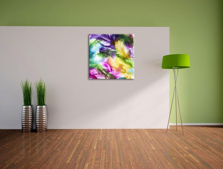 Pixxprint Anordnung von Federn als Leinwandbild/Grösse: 70x70 cm/Wandbild/Kunstdruck/fertig bespannt