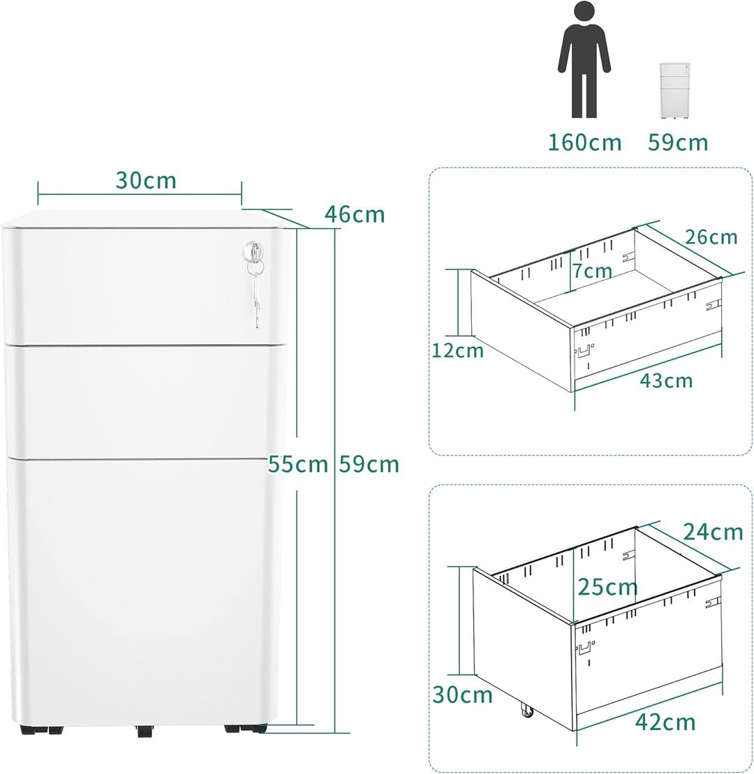 YITAHOME Rollcontainer, Abschliessbar Rollcontainer mit 3 Schubladen, Metall Mobiler Aktenschrank Bü