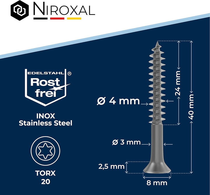 Schrauben Torx Edelstahlschrauben 4x40 Edelstahl V2A rostfrei Spanplattenschrauben für Holz Teilgewi