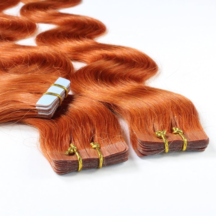 hair2heart 30 x Tape In Extensions aus Echthaar, 60cm, 2,5g Strähnen, gewellt - Farbe 350 kupferrot