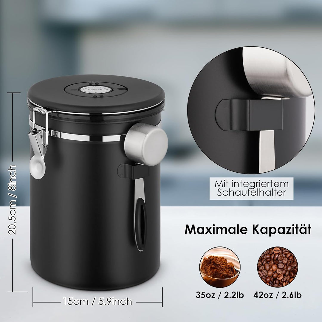 Kaffeedose aus Edelstahl 2,8L, Kaffeedosen Kaffeebehälter aus Edelstahl mit CO₂-Ventil,Kaffeedose Vo