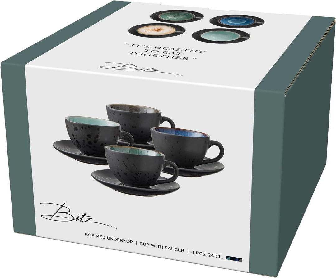 BITZ Tassen, Kaffeetassen mit Untertasse, Steingut, 24 cl, 4er-Set, Blau, Grün, Hellblau, Grau
