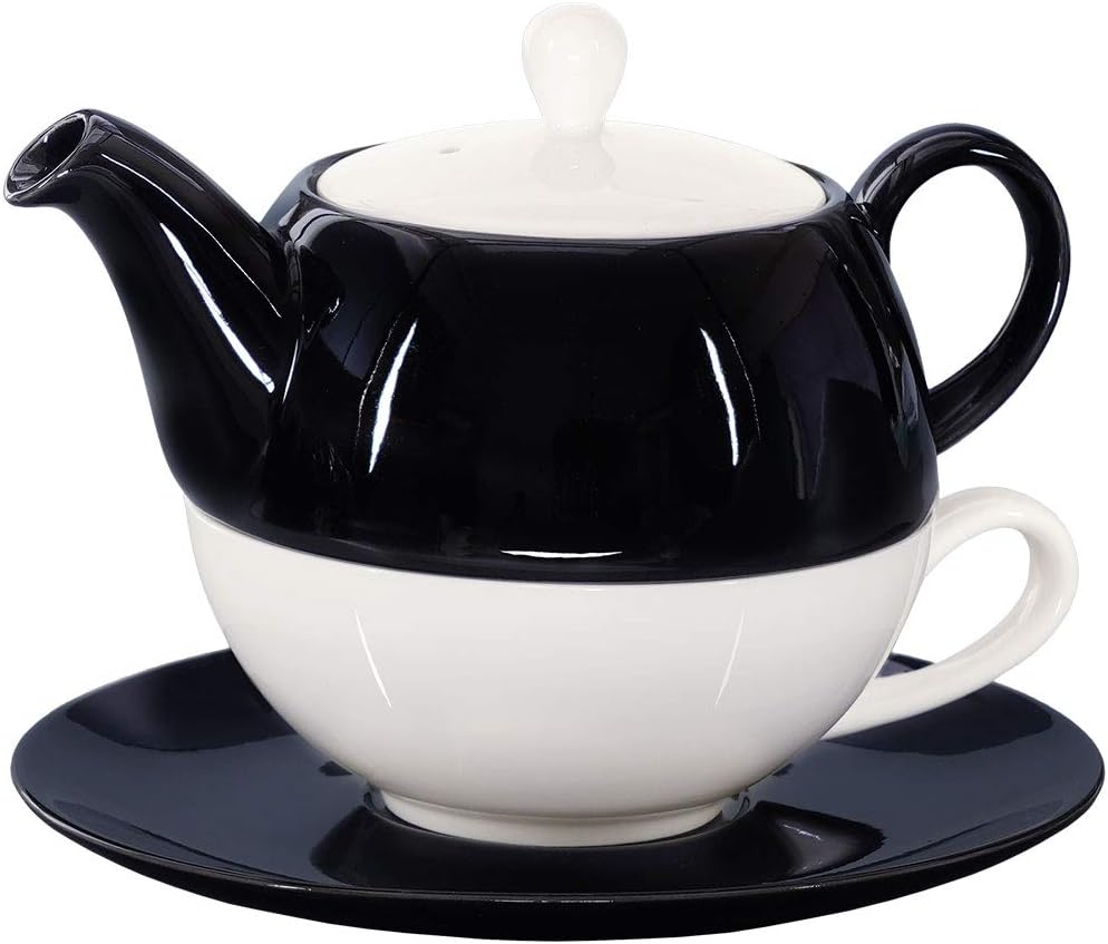 Buchensee Tea for One Lena 500ml aus Crystal Bone China Porzellan in schwarz-weiss. Teekanne + Teeta