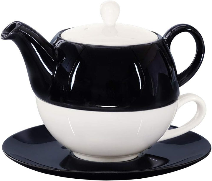 Buchensee Tea for One Lena 500ml aus Crystal Bone China Porzellan in schwarz-weiss. Teekanne + Teeta