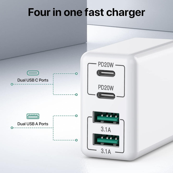 [2 Stück] USB C Ladegerät 40W, 4-Ports USB C Ladegerät Block, Schnellladeblock Dual Port PD+QC Wands