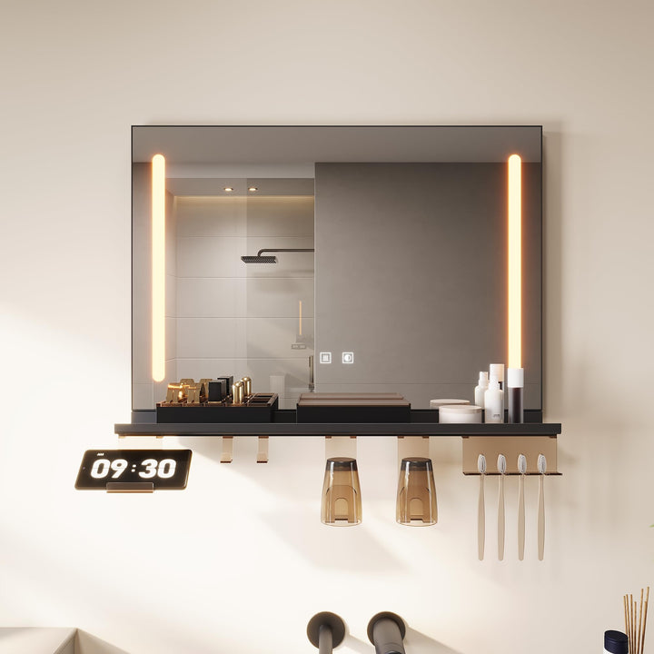 SONNI Badezimmerspiegel mit Beleuchtung 70x50 cm, LED Badspiegel mit Ablage 70cm, 3 einstellbare Lic