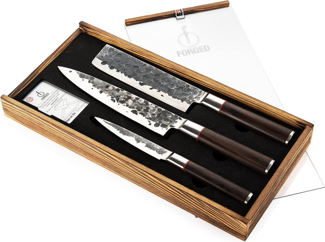 Forged Sebra Messerset 3-teilig, handgefertigt, in Holzkiste