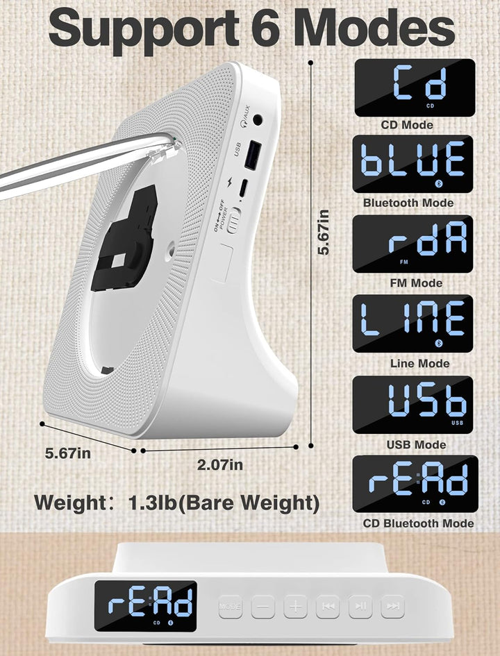 4000 mAh wiederaufladbarer CD Player Bluetooth 5.0 mit Radio 5W Dual Lautsprecher Wiedergabeleuchte