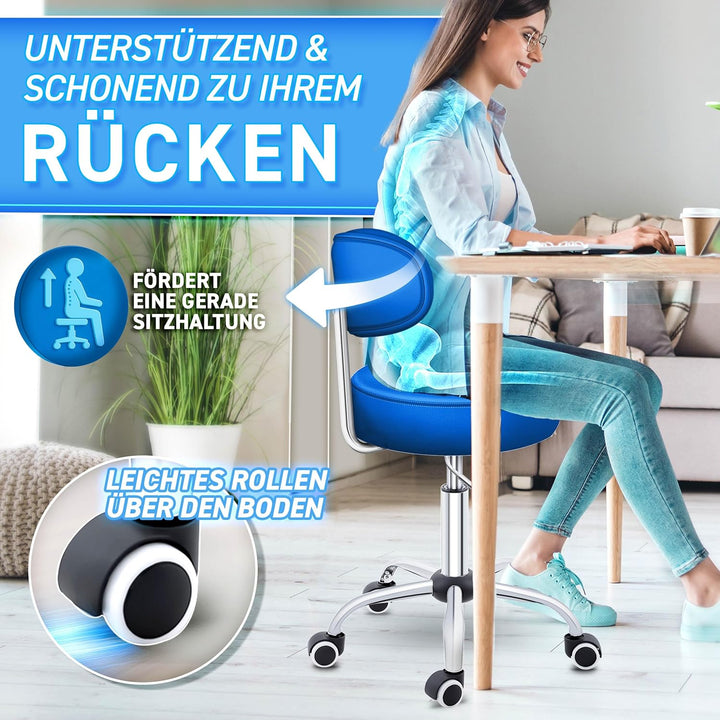 TRESKO® Rollhocker mit Lehne höhenverstellbar 10cm Dicke Polsterung Drehbar | Hocker 46-58cm | Arbei