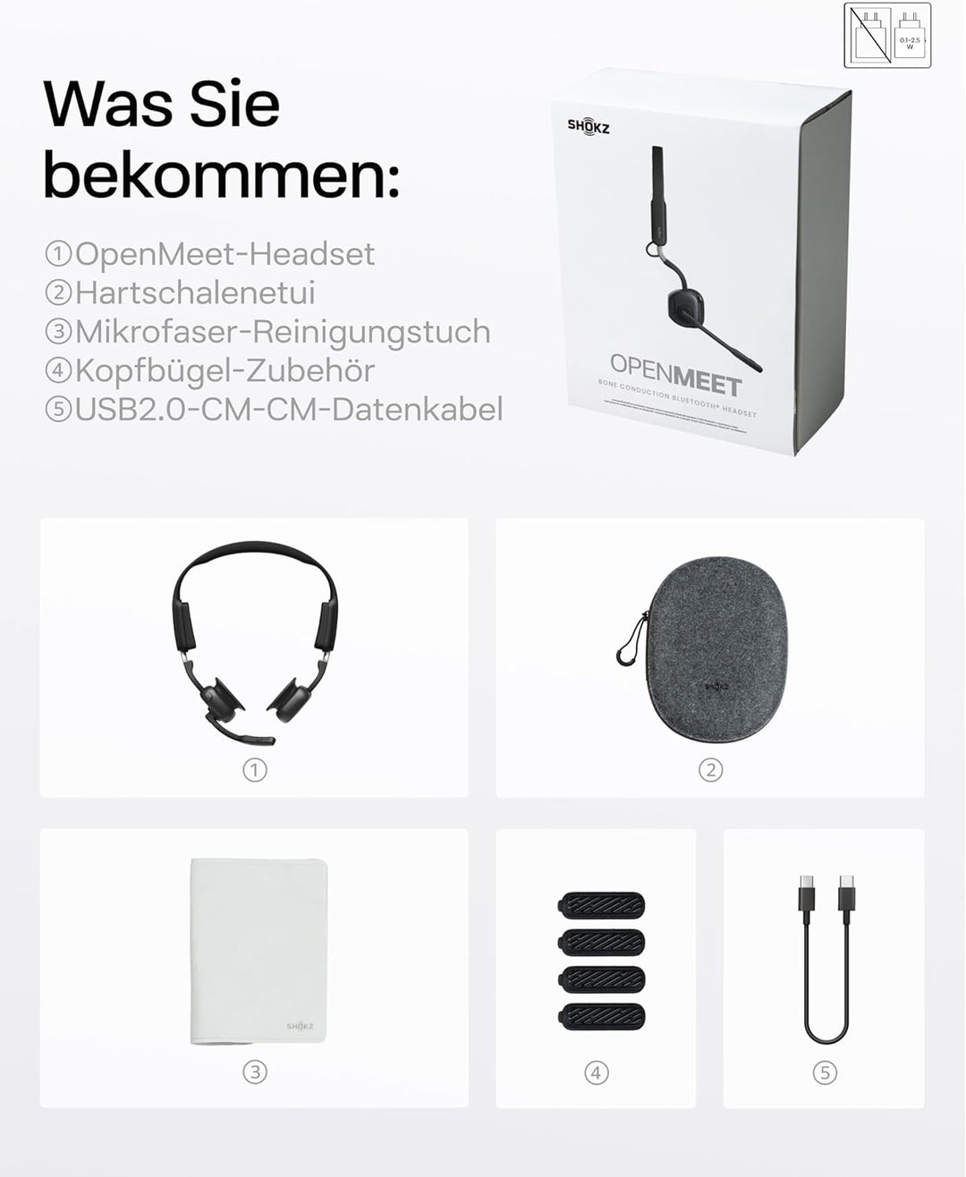 SHOKZ OpenMeet Knochenleitungs-Headset, Open-Ear-Kopfhörer mit 2 Mikros mit Geräuschunterdrückung, W