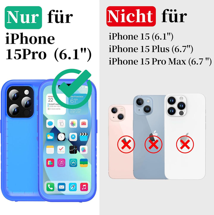 Cozycase für iPhone 15 Pro wasserdichte Outdoor Hülle Blau - 360 Grad Panzerhülle Stossfest Komplett