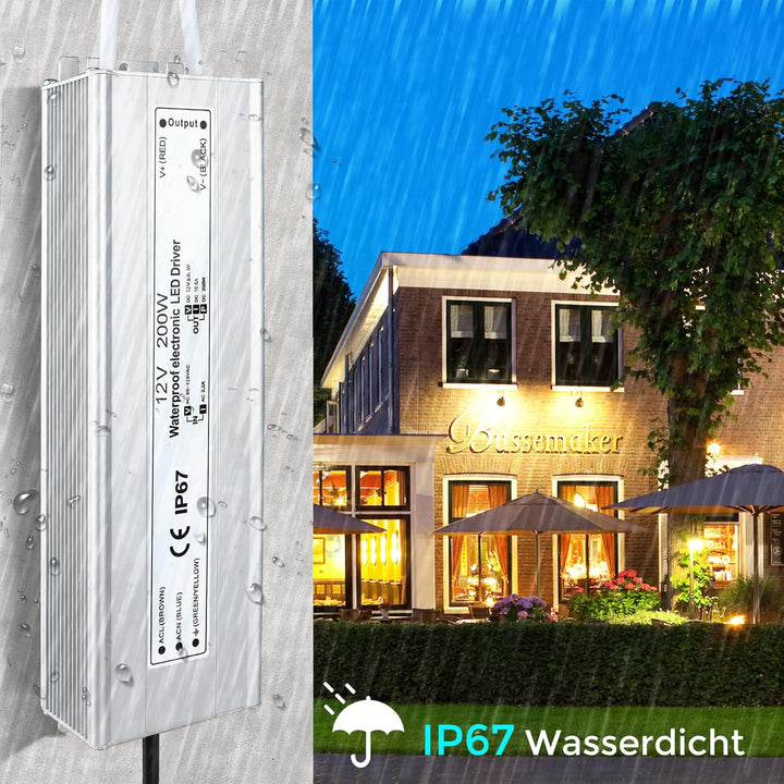 LED Trafo 12V 200W IP67, Outdoor Wasserdicht Transformator mit Stecker, LED Netzteil Treiber 230V au