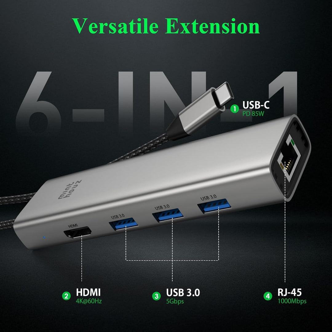 Minthouz USB-C-Hub für Dell, HP Lenovo, 6-in-1-Multiport-Adapter, USB-C-zu-HDMI mit 4K@60Hz, 100W PD