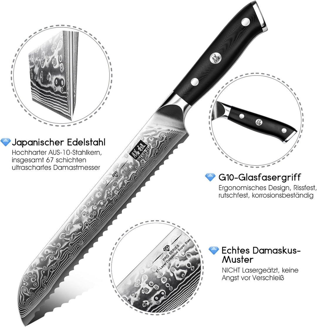 SHAN ZU 20 cm Damast Brotmesser mit Wellenschliff, 67 Lagen Japanischer Damaststahl, Kuchenmesser au
