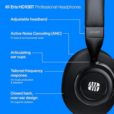 PreSonus Eris HD10BT Professioneller Kopfhörer mit Aktive Geräuschunterdrückung und Bluetooth-Funkte