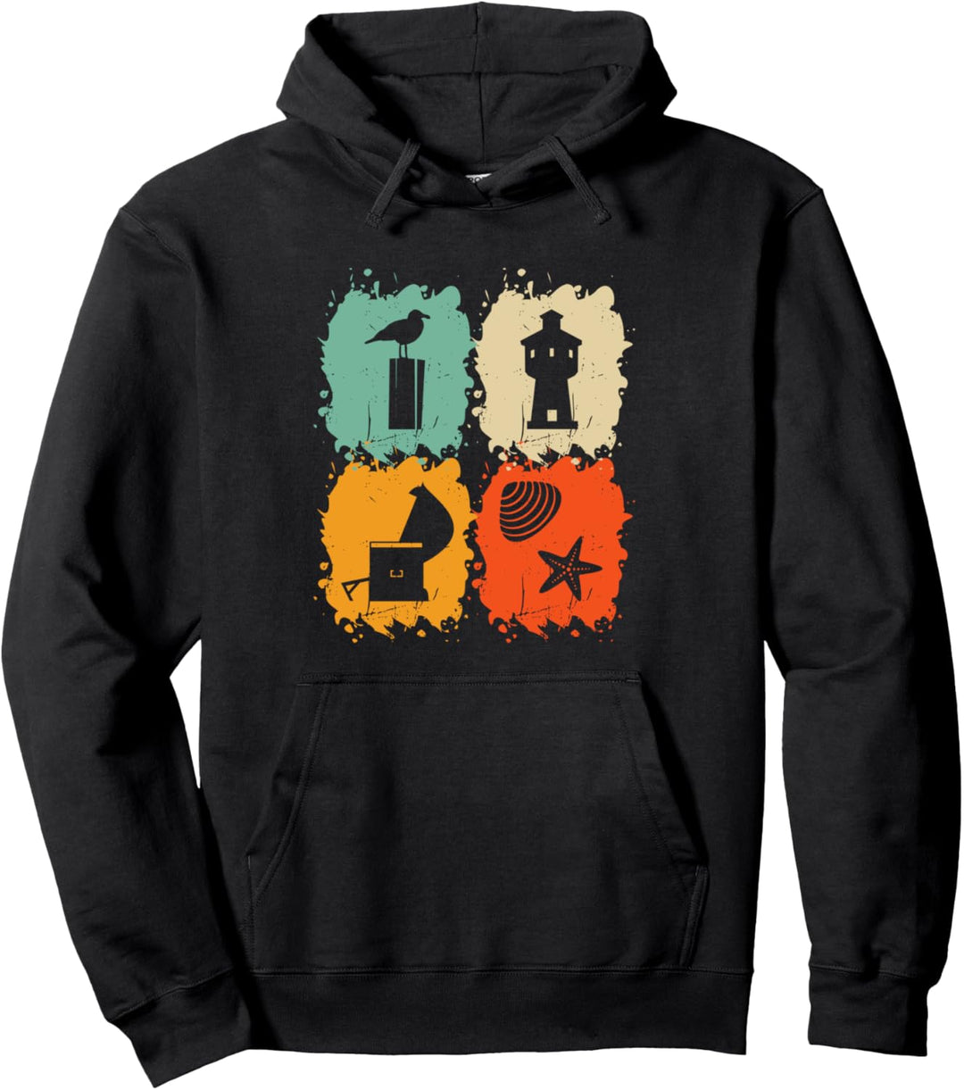 Langeoog Wasserturm, Möwe, Strandkorb, Muschel, Seestern Pullover Hoodie