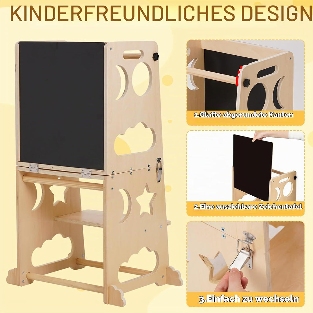Montessori Lernturm für Kinder, 3 in 1 Learning Tower für Kinder Lernturm Klappbar Tritthocker mit T