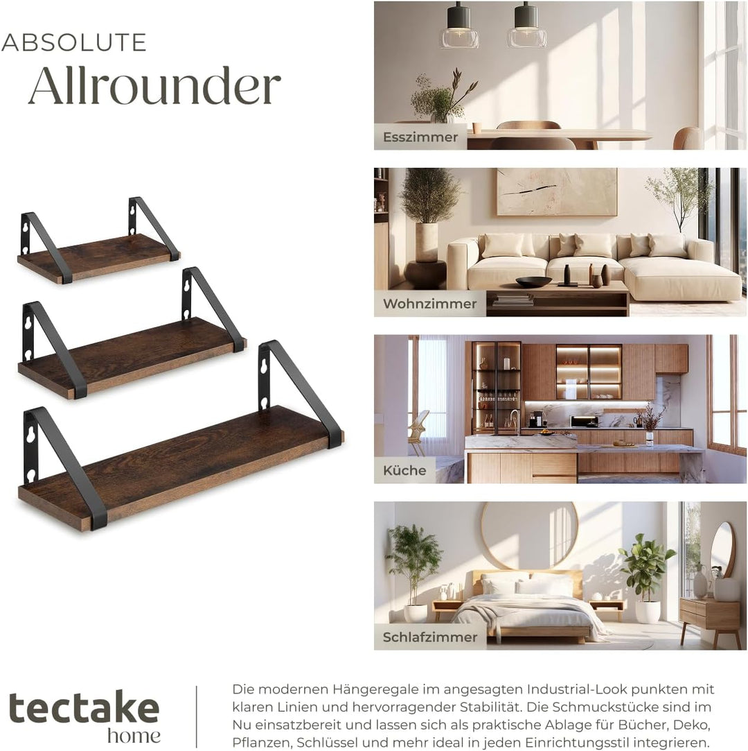 tectake® Industrial Wandregal Holz, 3X Regal Wand Set, Schweberegal, Regale 30/35/40 cm, Hängeregal,